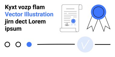 Mühür, kurdele rozeti, onay damgası ve başarı temalarını vurgulamak için stilize edilmiş metin ve noktalarla sertifika. Sertifika, tanınma ve onay süreçleri için ideal