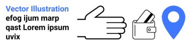 El hareketi, kartlı cüzdan ve yer tutucu metinli mavi harita broşu. Finans, ödemeler, dijital cüzdanlar, konum hizmetleri, online işlem navigasyon pazarlaması için ideal. İniş sayfası