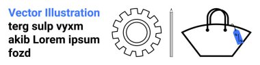 Üzerinde mavi etiket bulunan vites, kalem ve el çantası sanayi, yaratıcılık ve ticareti simgeliyor. Tasarım, imalat, markalaşma perakende eğitim sade iniş sayfası afişi için ideal.