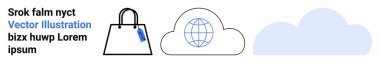 Etiketli bir alışveriş çantası, interneti temsil eden bir dünya ve bir bulut simgesi. E-ticaret, küresel ticaret, çevrimiçi depolama, bulut hesaplama, dijital pazarlama, ağ düz iniş sayfası için ideal