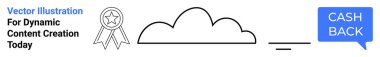 Ödülleri, faydaları ve basitliği vurgulayan Cash Back metniyle kurdele, bulut ve konuşma balonu. Promosyonlar, indirimler, satış noktaları, ödül programları için ideal online ticaret