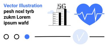 5G kulesi, kalp atış hızı sembolü ve modern tasarımda dijital arayüz elementleri. Teknoloji, sağlık, bağlantı, yenilik, iletişim veri analizi ve dijital medya için ideal. İniş