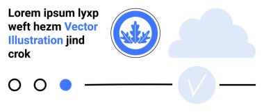 Digital badge with blue leaf symbol, cloud icon, progress indicator with V mark, and placeholder text. Ideal for digital credentials, progress tracking, cloud services, web design, education clipart