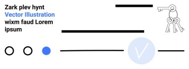 Dairesel ilerleme işaretleri, mavi işaretli iş konsepti ve güvenlik ve başarıyı simgeleyen anahtarlar. Proje yönetimi, görev tamamlama, erişim çözümleri ve ilerleme için ideal