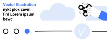 Bulut simgesinin üzerinde el ile dönen bir döner, yanında da metin nykt plox zevm firması Lorem ipsum bewc, üç daire, iki satır ve bir işaret var. Teknoloji, yaratıcılık ve stres için ideal