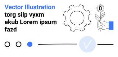 Vites simgesi teknolojiyi sembolize eder, kripto para ile bir bitkiyi tutmak finansal büyümeyi temsil eder, ve kontrol işareti ilerlemeyi gösterir. İş stratejisi, teknoloji ve finans için ideal