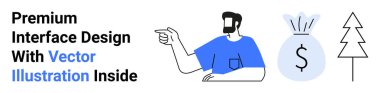 Yanları gösteren bir erkek figürü, yanında bir para çantası ve minimalist ağaç çizimi var. Finans, minimalizm, çevre dostu temalar, iş dünyası, web tasarımı, reklamcılık, düz iniş sayfası afişi için ideal