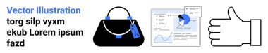 Etiketli el çantası, grafik gösteren analitik arayüz ve onay simgesi. Perakende, e-ticaret, moda, pazar analizi, iş eğilimleri, marka sözleşmesi düz iniş sayfası afişi için ideal