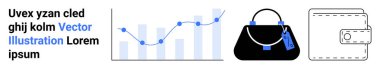 Verileri gösteren grafikler, etiketli şık siyah bir çanta ve basit dikişli bir cüzdan. Analiz, tüketim, finans, moda, perakende, e-ticaret düz iniş sayfası afişi için ideal