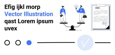 İşi ve yeniliği dengeleyen iş adamları, evrak çantası ve ampulü tutan, panoda stilize edilmiş belge. Takım işbirliği, proje yönetimi, karar verme, yaratıcılık için ideal