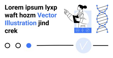 Elinde DNA sarmalı, stilize ikonlar ve sahte metinlerle kitap tutan bilim adamları. Bilim, araştırma, teknoloji, eğitim sunumları tıbbi çalışmalar ve bilgi tasarımları için idealdir.