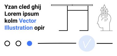 Masa ve oklu soyut kafa yaratıcılığı iletir. Çemberler ve çizgi elementleri minimalist bir dokunuş ekler. Yenilik için ideal, beyin fırtınası, yaratıcılık, modern tasarım, soyut sanat, ofis