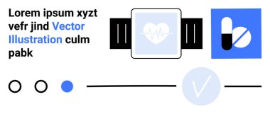 Kalp atış hızı sembolü, ilaç ikonu ve ilerleme göstergeleri içeren bir akıllı izleme cihazı. Sağlık uygulamaları, fitness takibi, tıbbi teknoloji, sağlık blogları için ideal