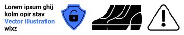 Kilitli güvenlik kalkanı, koruyucu ayakkabı grafiği, ünlem uyarısı işareti. Güvenlik, tehlike, koruma, uyum ve işyeri güvenliği için ideal. Düz iniş sayfası pankartı