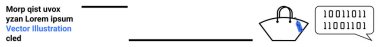 Konuşma baloncuğunun yanındaki minimalist alışveriş çantası ikili kodlu. E-ticaret, çevrimiçi alışveriş, dijital iletişim, veri akışı, programlama, minimalizm, düz iniş sayfası afişi için ideal