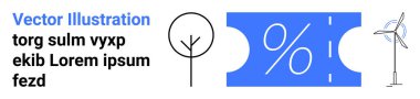 Asgari ağaç, kupon yüzdesi ve indirimleri temsil eden rüzgar türbini, yeşil enerji ve çevre dostu uygulamalar. Sürdürülebilirlik, yenilenebilir enerji, tasarruf, ekolojik bilinçli yaşam için ideal