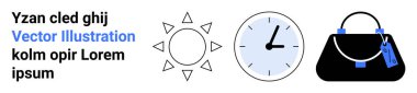 Güneş simgesi, saati gösteren, etiketli el çantası. Alışveriş, zaman yönetimi, moda, yaz, seyahat e-ticaret web tasarımı için ideal. Düz iniş sayfası pankartı