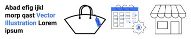 Etiketli siyah alışveriş çantası, vites simgeli takvim ve vitrin çizimi. Perakende satış, satış planlaması, e-ticaret, planlama, lojistik, küçük işletme ve pazarlama için ideal