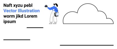 Poşet taşırken elinde bardak tutan bir kadın, büyük bulut çizgisi ve yer tutucu metin blokları. İş, eğitim, çalışma alanı, organizasyon, yaratıcılık, minimalizm düz iniş sayfası afişi için ideal