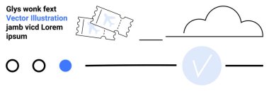 Bulut simgesi, biletler, metin, daireler ve birbirine bağlı dijital elementleri işaretle. Teknoloji, servis platformları, bulut hesaplama, doğrulama otomasyon yazılımı için ideal