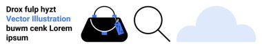 Etiketli modern çanta, arama için büyüteç, bağlantıyı temsil eden bulut. İnternet üzerinden e-ticaret, perakende, moda, alışveriş, teknoloji ürünü arama hizmetleri için ideal. Düz iniş sayfası