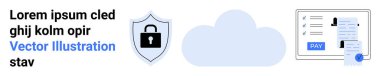 Asma kilitli siyah kalkan, mavi bulut ödeme düğmeli ödeme ekranı. Siber güvenlik, bulut depolama, dijital finans, veri koruması, teknoloji, gizlilik araçları için idealdir.