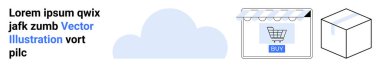 Alışveriş arabası simgesiyle dijital mağaza önü, çevrimiçi depolamayı sembolize eden bulut ve bir nakliye kutusu. Çevrimiçi perakende satış, e-ticaret, lojistik, teknoloji, bulut hesaplama, depolama, düz iniş için ideal