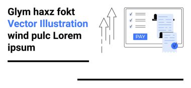Ödeme detaylarını gösteren bilgisayar ekranı, fatura, ödeme tuşu ve büyümeyi gösteren yukarı doğru oklar. Finans, fatura, teknoloji, e-ticaret, işlem Fintech soyut hattı için ideal