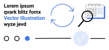 Döngü oluşturan oklar, büyüteçle takvim, mavi daire üzerindeki işaret simgesi ve dairesel göstergeler. Proje yönetimi, zamanlama, planlama, ilerleme izleme ve performans için ideal