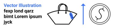 Fiyat etiketli el çantası, yukarı doğru ok ve büyümeyi simgeleyen para birimi. Moda perakende satış, fiyatlandırma, değer artışı, e-ticaret, pazarlama, alışveriş trendleri düz iniş sayfası afişi için ideal
