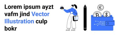 Elinde bir kalem, büyük bir kalem, Euro 'lu dijital cüzdan, bitcoin, dolar sembolleri olan bir kadın. Teknoloji, finans, kripto para birimi, özel eğitim fintech tanıtım sayfası için ideal