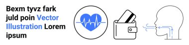 EKG çizgisi olan kalp ikonu, içinde kartlar olan cüzdan ağız ve burun yoluyla hava akışını gösteren insan profili. Tıbbi, finans, kişisel sağlık, solunum, teknoloji, sağlık eğitimi için ideal