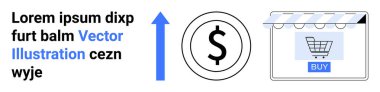 Dolar madeni para ve mağaza önü satın alma düğmesinin yanındaki yukarı ok. E-ticaret, çevrimiçi satış, pazarlama, finansal büyüme, dijital işlemler, tüketici davranışı, düz iniş sayfası afişi için ideal