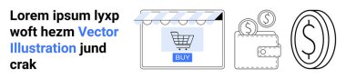 Çevrimiçi alışveriş arabası ekranda bir satın alma düğmesi, içinde nakit para olan bir cüzdan ve bir para birimi var. E-ticaret, dijital ödemeler, çevrimiçi mağazalar, alışveriş, finans, sabit iniş sayfaları için ideal