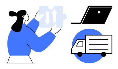 Elinde oklarla bulmaca parçası tutan kişi çözümleri gösteriyor. Yakınlarda, laptop ve teslimat kamyonu teknoloji ve lojistik öneriyor. İş için ideal, e-ticaret, planlama, nakliye, problem çözme