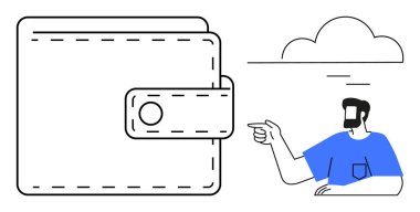 Üzerinde kopça düğmesi olan büyük bir cüzdan, mavi gömlekli bir adam onu işaret ediyor, bulut sembolü. Finansal planlama, bütçe, tasarruf, ekonomi, yatırımlar kişisel finans güvenliği için idealdir. Soyut satır düzlüğü