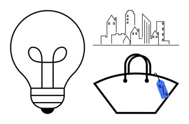 Şehir binalarının yanında ampul ve etiketli el çantası. Yenilik, kentleşme, perakende, ekonomi, tüketim, tasarım, yaşam tarzı temaları için idealdir. Minimalist ve soyut çizgi düz metafor