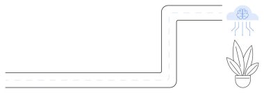 Bulut şeklindeki dijital beyne dolambaçlı bir yoldan bağlanan çömleğin içindeki bitki. Büyüme, yenilik, teknoloji, bağlantı, doğa teknolojisi entegrasyonu, dijital dönüşüm, gelecekçi