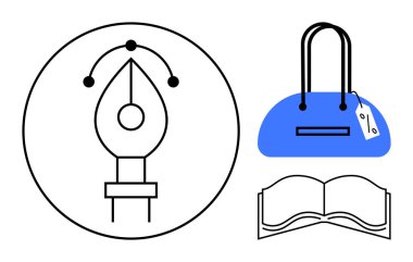 Çemberin içinde kalem ucu, etiketli mavi çanta ve açık kitap. Yazmak, eğitim, moda, perakende, kırtasiye, edebiyat ticaret temaları için idealdir. Satır metaforu