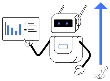 Robot yükselen çizgiler ve eğilim çizgileriyle bir grafik sunuyor. Yakınlarda büyük mavi bir ok var. Ticari büyüme, robotik, veri analizi, yenilik, teknoloji ilerlemesi, üretkenlik için ideal