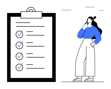 Kadın, üzerinde işaretler olan büyük bir panonun yanında düşünceli bir şekilde duruyor. Üretkenlik, planlama, organizasyon, başarı, hedef belirleme, görev tamamlama, zaman yönetimi için idealdir. Soyut satır düzlüğü