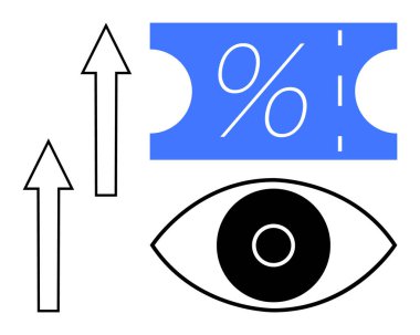 Yüzdelik bir sembolün yanında yukarı doğru oklar ve büyük bir göz. Pazarlama, izleme, büyüme analizi, vizyon, finansal planlama, trend analizi, iş tahminleri için ideal. Soyut satır düzlüğü