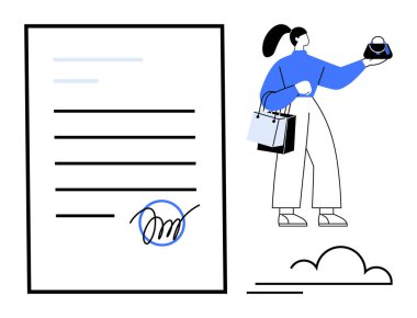 Alışveriş torbaları tutan kadın, imzalı belge satın alma işleminin kavramsal temsili, yasal anlaşmalar, sözleşmeler. E-ticaret, alışveriş, iş anlaşmaları ve finans için ideal