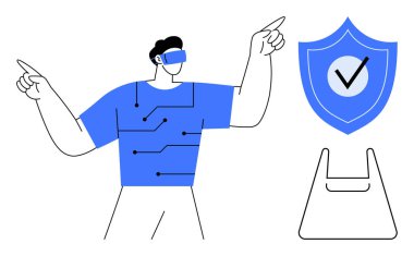 Siber güvenlik kalkanını ve basitleştirilmiş kullanıcı arayüzü öğesini gösteren devre tasarımı tişörtlü VR kulaklık takan bir adam. Teknoloji, yenilik, sanal gerçeklik, siber güvenlik, fütüristik