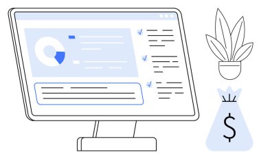 Bilgisayar monitörü pasta grafiği, kontrol listesi ve metin ile finansal gösterge panelini gösteriyor. Yanında saksı bitkisi ve para çantası var. Finans, üretkenlik, işyeri, veri görselleştirme için ideal