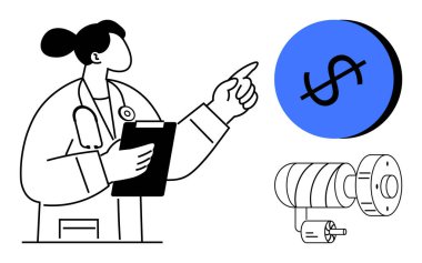 Doktor panoyu tutuyor, dolar işaretini gösteriyor, sağlık sigortası ekonomisini gösteriyor, tıbbi masraflar, hasta bakım giderleri, bütçe kesintileri. Sağlık reformu, mali planlama ve ekonomi için ideal