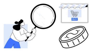 Elinde büyüteç tutan kadın satın alma düğmesi ve parayla dükkan önünü kontrol ediyor. E-ticaret eğilimleri, çevrimiçi alışveriş analizi, dijital pazarlama, müşteri davranışı, mali yatırım için ideal