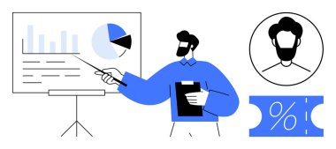 Grafikleri ve grafikleri olan sunum panosundaki adam. Profil portresi ve yüzde indirim kuponu içerir. İş analizi, pazarlama, strateji oturumları ve şirket için ideal