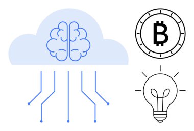 Beyni olan bulut, Bitcoin sembolü ve ampul. Teknoloji için ideal, bulut hesaplama, kripto para birimi, yenilik, dijital kavramlar, yapay zeka, fintech. Satır metaforu