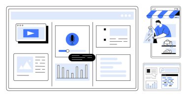 Ses komut simgesi, video oynatıcı, veri tabloları ve metin kutularıyla arayüz. Teslimatlı sanal mağaza. Çevrimiçi iş yönetimi, dijital pazarlama, e-ticaret, sanal yardım için ideal